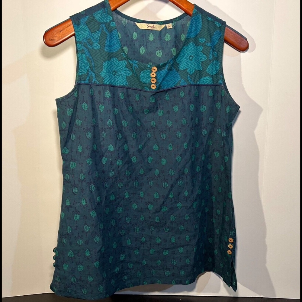 Siyahi Sleeveless Blouse with Floral And Leaf Design Blue, Green, Teal Size M